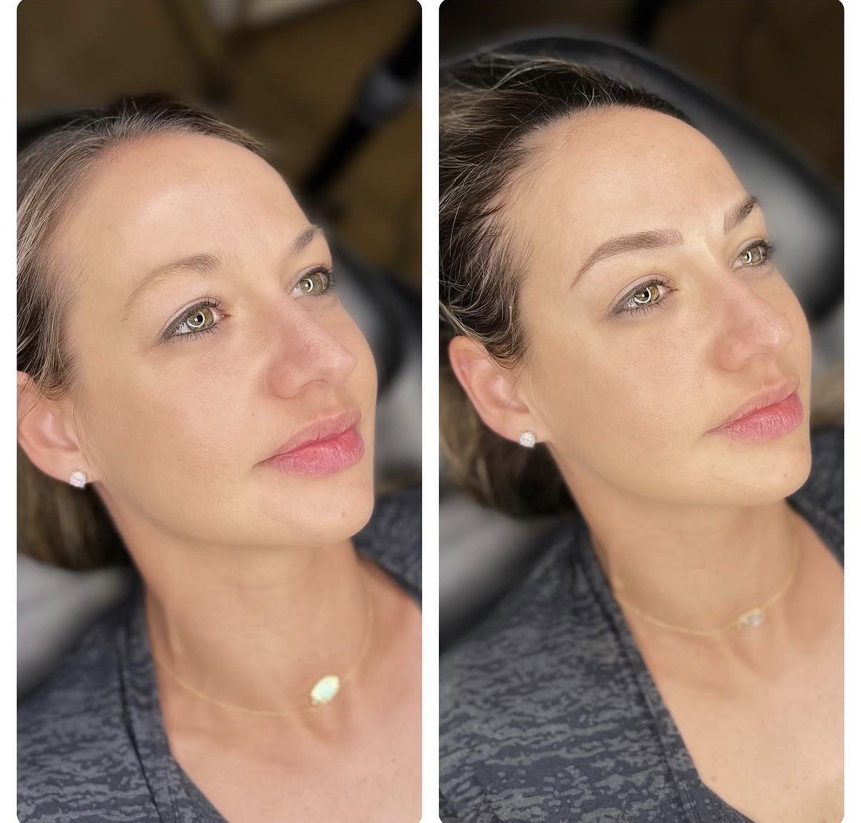 Before and after brows by The Brow Babe, shown side by side from a three-quarter angle